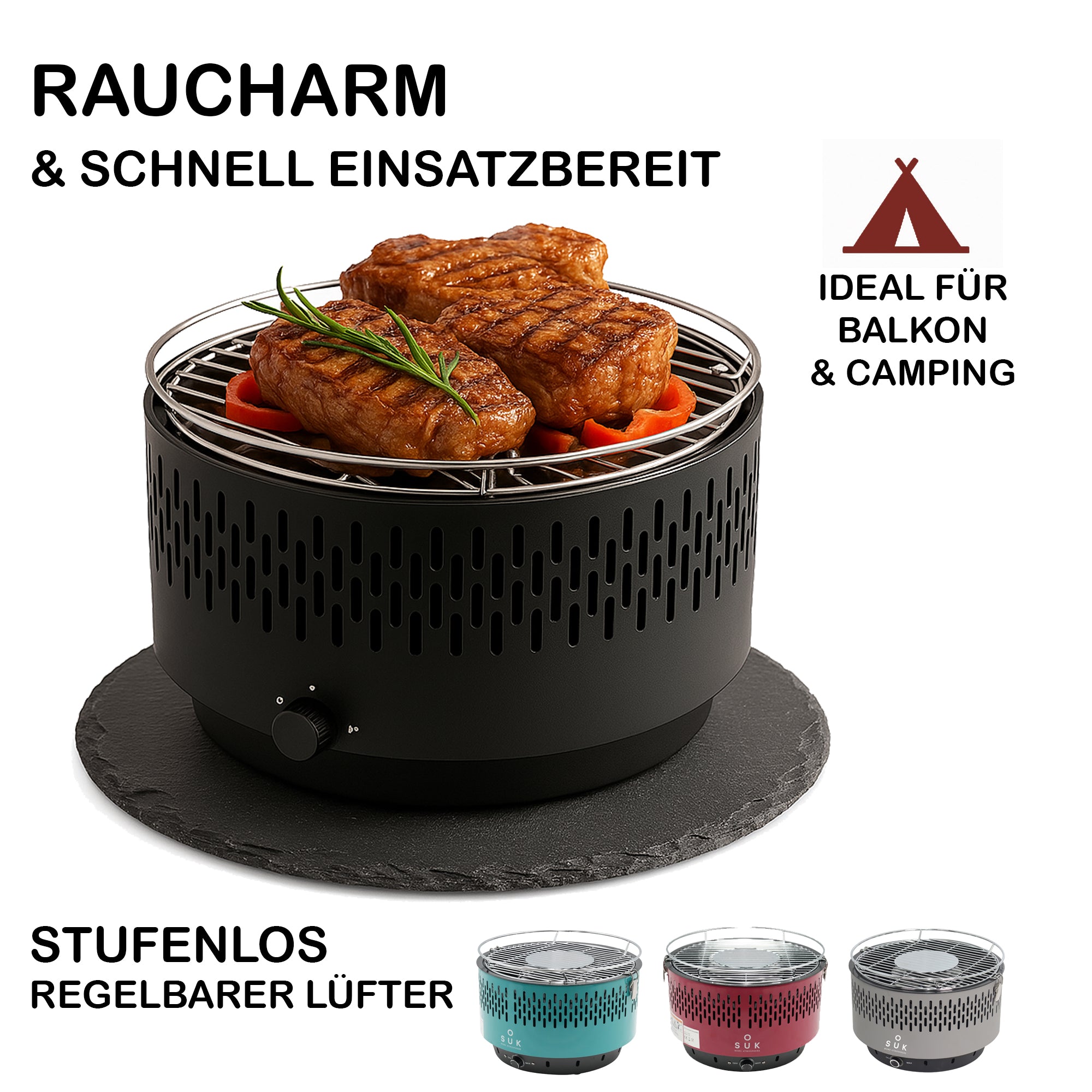Tischgrill Schwarz mit Aktivbelüftung